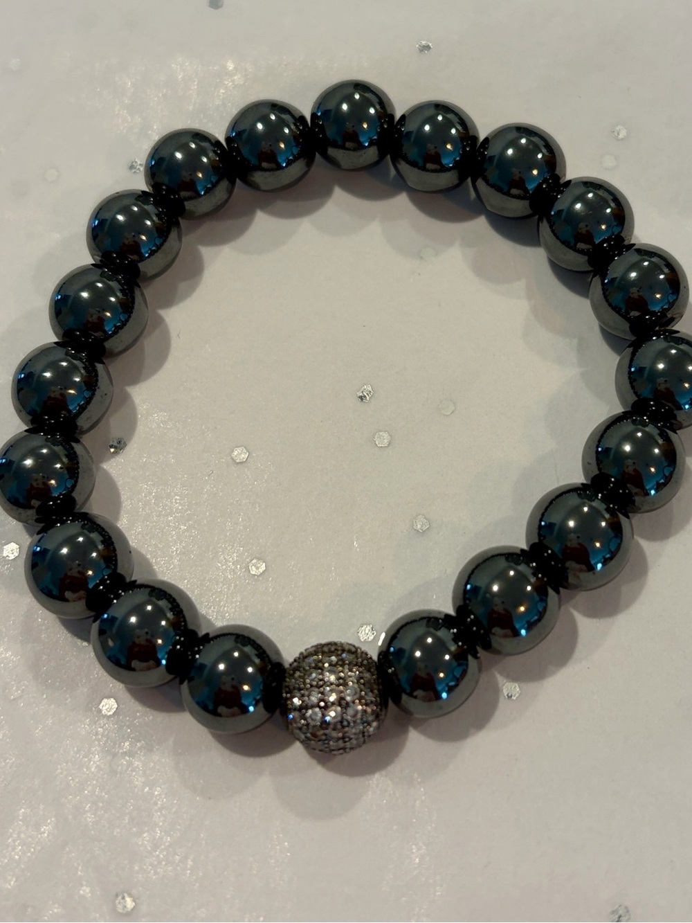 Hematite Beaded Bracelet with Pave Accent Bead - Dark Gray - Picture 2 of 3